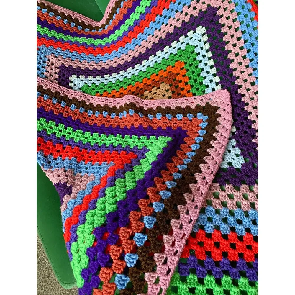 vintage 70s RAINBOW Cut Out AFGHAN colorful squares blanket groovy home decor